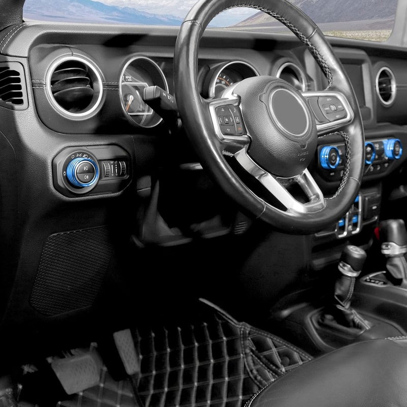 Jimen Fit for Jeep Wrangler JL JLU 2018-2025 & Gladiator JT 2020-2025, 8PCS Window Button Trim & Audio Volume Radio Knob AC Control Ring Air Conditioning Knob & Headlight Switch Knob Cover (Blue) - Image 5